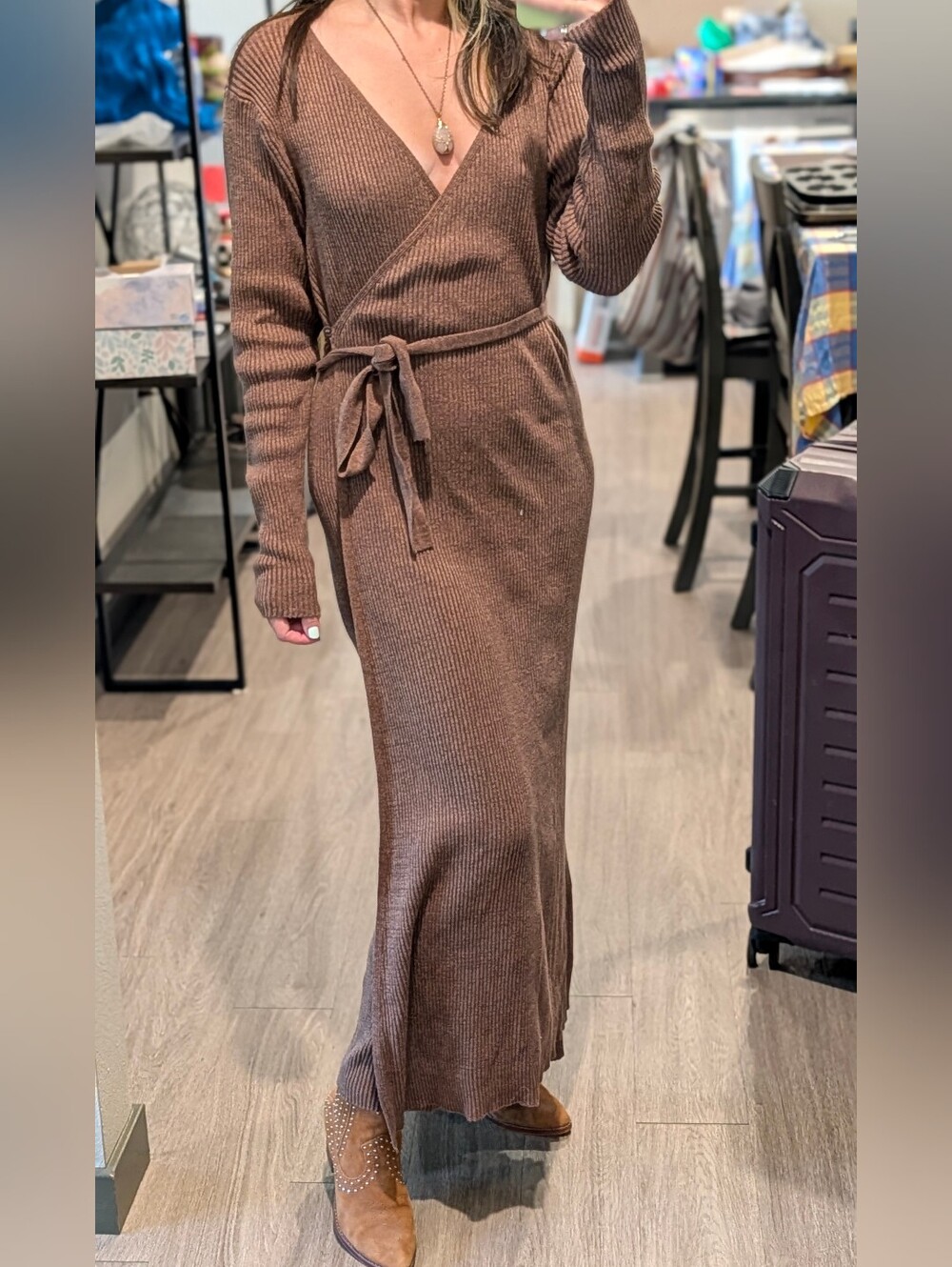 Ribbed Wrap Maxi Dress - Brown